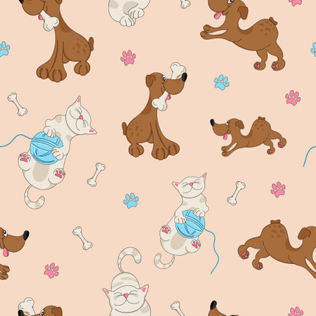 Cat and dog seamless pattern. Graphic design for children. Cartoon pets. Caricature. Ball of yarn, bone, treat and paws. Print, packaging template, textile, bed linen and wallpaperのイラスト素材