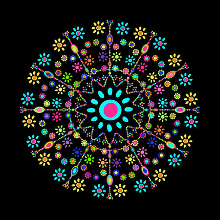 Colorful mandala isolated on black background. Decorative elements, flowers, groovy.のイラスト素材