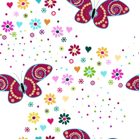 Seamless pattern with butterflies and decorative elements, flowers, hearts and polka dots. Prints, packaging template, textiles, bedding and wallpaper.のイラスト素材