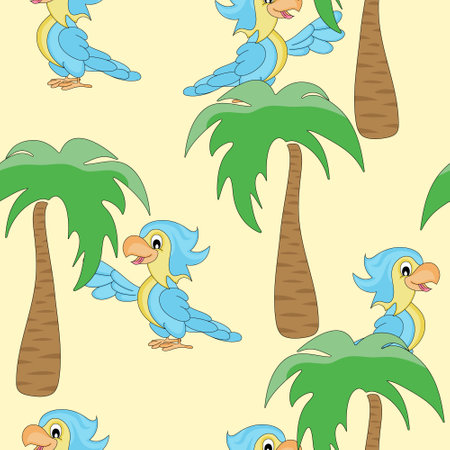 Parrot seamless pattern. Graphic design for children. Fairy tale cartoon parrot. Caricature. Palm. Print, packaging template, textile, bed linen and wallpaper.のイラスト素材