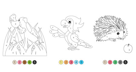 Set of coloring pages. Animal coloring book by numbers for children. Hedgehog, dog and parrot.のイラスト素材