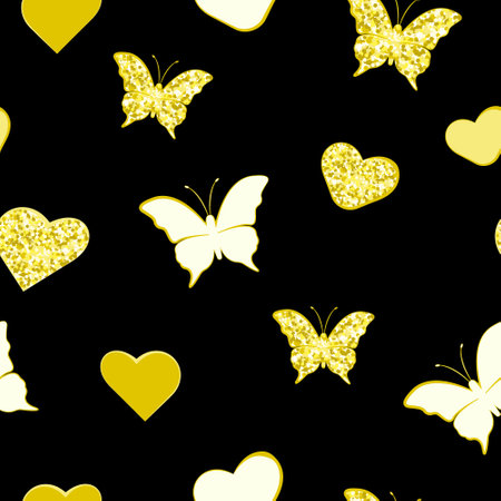 Butterfly and heart seamless pattern. Gold color and glitter. Natural pattern. Prints, packaging template, graphic design, textiles, bedding and wallpaper.のイラスト素材