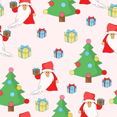 Christmas seamless pattern. Santa claus with gifts and christmas tree. Packaging template, wrapping paper, printing, textiles and wallpapers.のイラスト素材