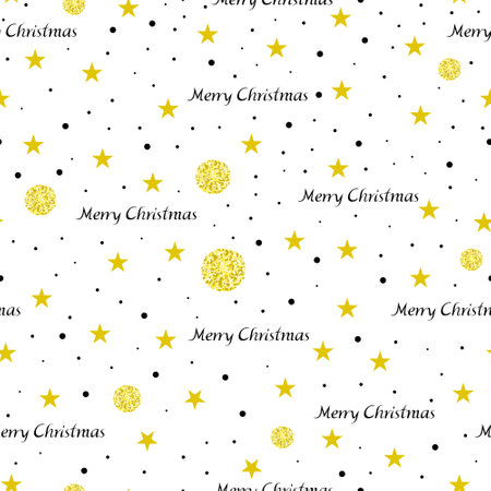 Christmas seamless pattern. Merry Christmas inscription, gold glitter decorations, stars and polka dots. Packaging template, wrapping paper, textiles, prints and wallpapers.のイラスト素材