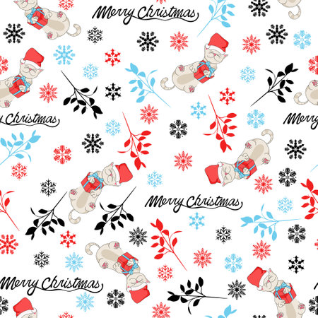 Christmas seamless pattern with animals. Cat with gift and Santa Claus hat. Merry Christmas lettering, snowflakes and mistletoe. Prints, packaging template, wrapping paper, textilesのイラスト素材