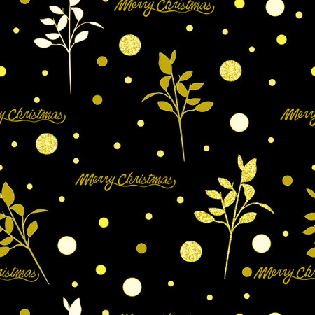 Christmas seamless pattern. Merry Christmas text, gold glitter ornaments, mistletoe and polka dots. Packaging template, wrapping paper, textiles, prints and wallpapers.のイラスト素材
