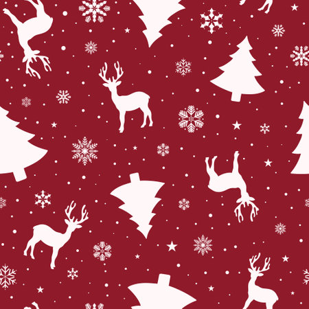 Christmas animal seamless pattern with reindeer silhouette, snowflakes, christmas tree, stars and snow. Prints, packaging template, wrapping paper, textiles and wallpaper.のイラスト素材