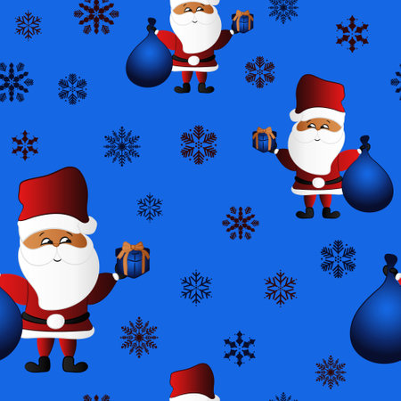 Christmas seamless pattern. Santa claus with gifts and snowflakes, Packaging template, graphic design, wrapping paper, printing, textiles and wallpapers.のイラスト素材