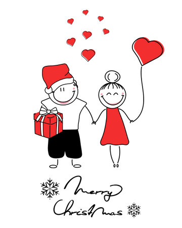 Christmas card with the inscription Merry Christmas. Couple in love with gift and heart. Couple holding hands. Love, holidays, winter time. Childish characters. Snowflakes.のイラスト素材