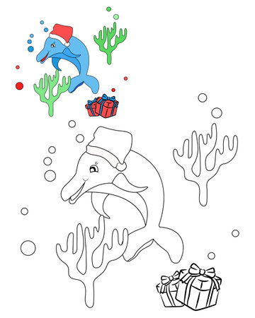 Christmas coloring pages for kids. Animal coloring book. Dolphin with santa claus hat and gifts.のイラスト素材