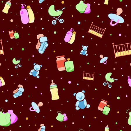 Baby seamless pattern. Children's objects. Stroller, pacifier, teddy bear and toy, baby food, hygiene, cot and bib. Prints, packaging template, textiles, bedding and wallpaper.のイラスト素材