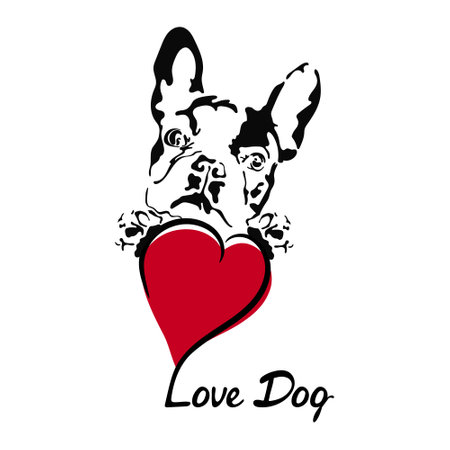Vector illustration of hand drawn silhouette of french bulldog. Template of a black dog with the inscription love dog and heart. Isolated on white background.のイラスト素材