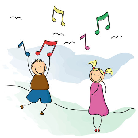 Vector illustration of children with musical notes. Children sing and play. Song-book.のイラスト素材