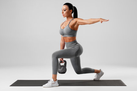 Athletic girl doing lunges exercises with kettlebell, leg muscle training. Fitness woman doing front forward one leg step lungeの写真素材