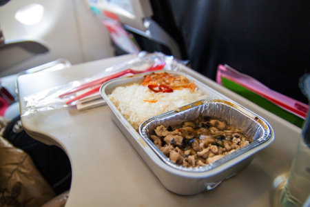 A Set Of Lunch Dishes For Passenger. Food On The Plane, meals in economy classの写真素材