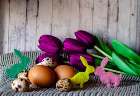 Easter Spring Greeting Card With Rabbit Bunny, Eggsの写真素材