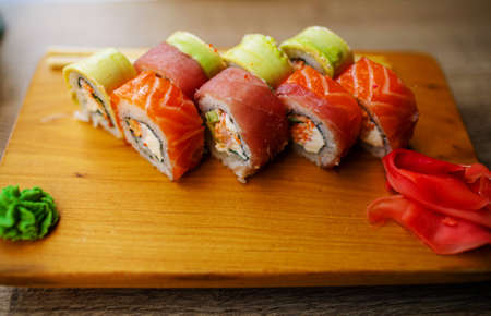 Traditional Japanese Food - Sushi, Rolls And Sauce In Restaurant