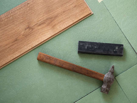 Work Of The Room For Laying Laminate On Wood Texture Floor.の写真素材