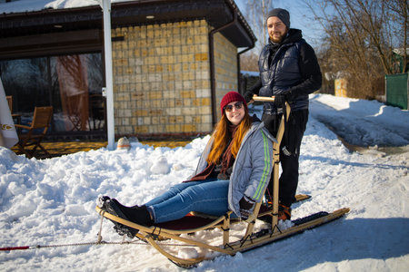 Riding Husky Dogs Sledge In Snow Winter Forestの写真素材