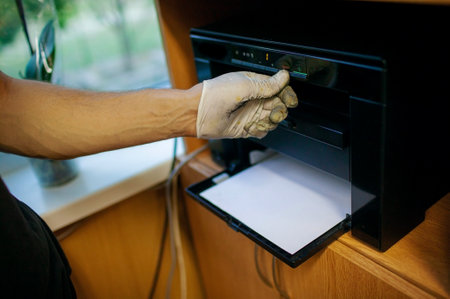 hands working refilling printer cartridge. The Master Holds The Disassembled Laser Printer Cartridge.の写真素材