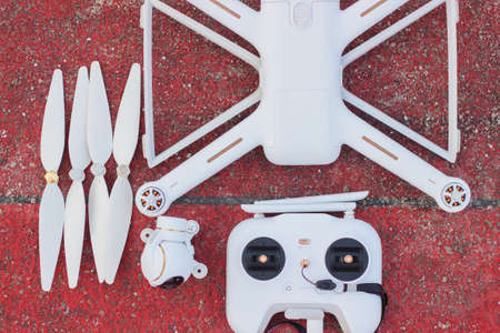 Set of drone white color close-up. Copter assembly, drone.の写真素材