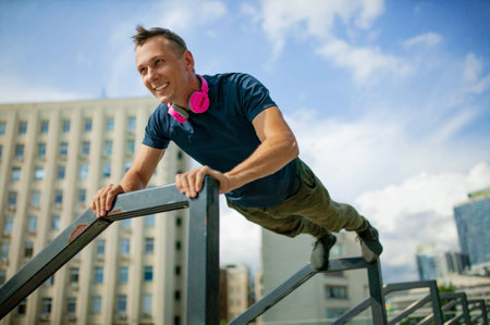 Close up portrait of good-looking sport guy spending time outdoors and expressing positive emotions