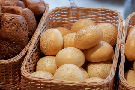 Closeup of bread in the bakery shop. Fresh bread. Organic bread background.