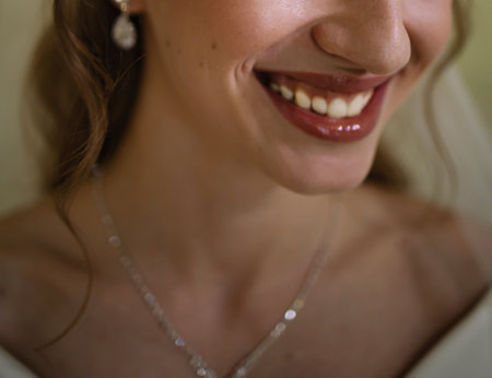 Portrait Of Beautiful Bride With Fashion Veil At Wedding Morningの写真素材
