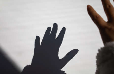A Blurred Shadow Of A Hand On A White Wall, The Shadow Of A Woman's Hand From Sunlightの写真素材