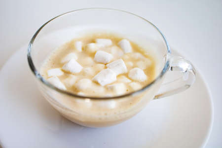 Hot Latte With Marshmallows In Glass Cup.