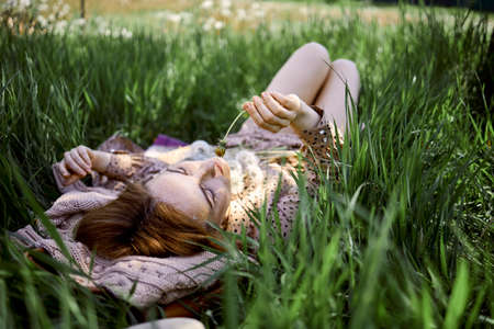 Free Beautiful Woman Enjoying Nature. Beauty Girl Outdoor On Green Grass. Freedom Concept.の写真素材