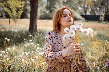 Young Beautiful Woman Holding Bunch Of Dandelion Flowers Standing On Meadowの写真素材
