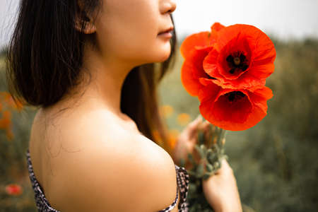 Woman With A Bunch Of Red Poppies In Field.の写真素材