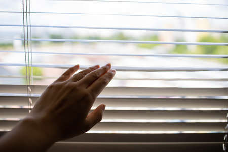 Close Up Hand Opens Jalousie Against The Sunlight Through The Windowの写真素材
