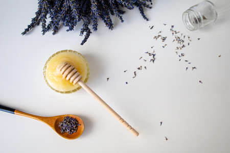 Honey And Lavender On White Table, Copy Space.の写真素材