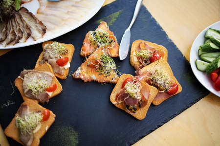 Traditional Parma Cured Ham Antipasto. Bruschetta Set With Parma Ham
