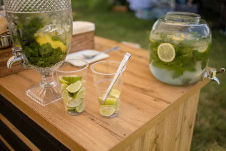Picnic Lemonade With Lime, Mint And Ice Cubesの写真素材