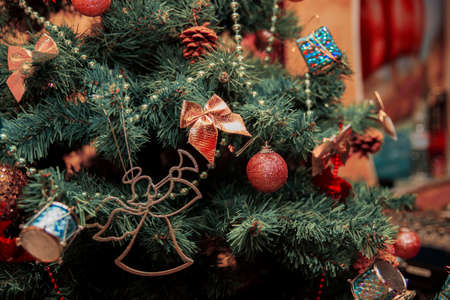 Close-up of christmas background. Christmas tree and Christmas decorations.