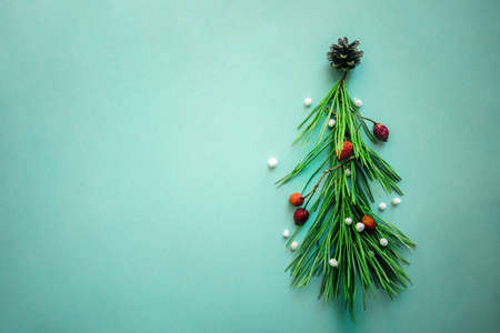 Christmas Tree made of Winter Foliage and leaves. Holiday Concept. Flat Lay, copy space.の写真素材