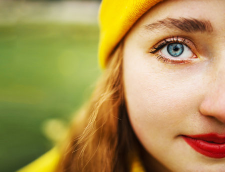 Close up fashion portrait of cute teen girl with big blue eyes, hollow lips, prefect skin and blonde hair. Natural composition.の写真素材