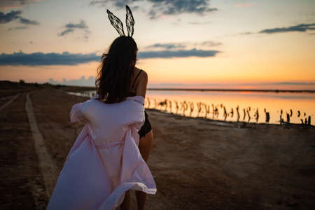 A hare in a lace mask and in sexy lingerie on a wild beach at sunset on the pink sea.の写真素材