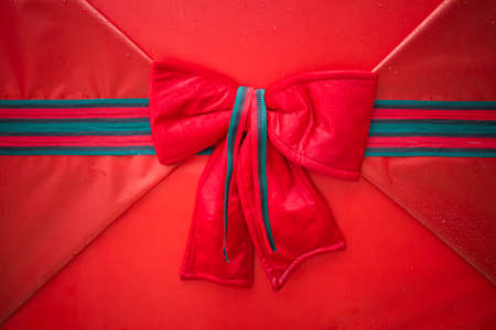 red ribbon bow with tails on gift box.