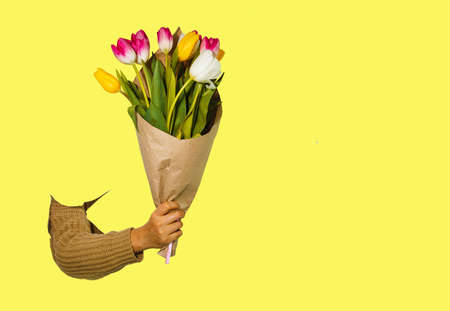 hand holding flowers over yellow background. Bouquet of tulips for Birthday, Happy mothers or Valentines day.の写真素材