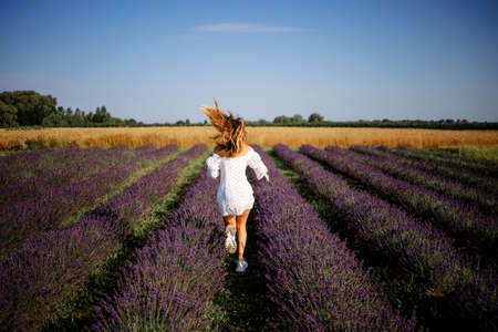 Beautiful young healthy woman with a white dress running joyfully through a lavender field under the rays of the setting sun.の写真素材