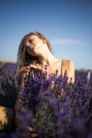 Young pretty blonde woman in lavender field on sunny summer dayの写真素材