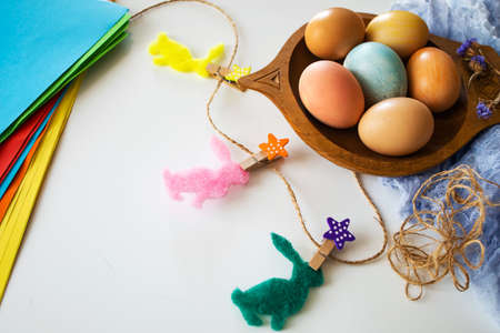 Easter eggs and decorations. happy easter. Congratulatory easter background.