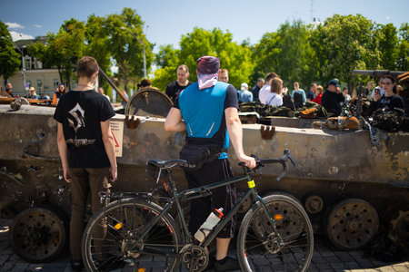 UKRAINE-May. 24, 2022: Broken tanks, combat vehicles and other burnt military equipment of the Russian invaders in Kiev regionのeditorial素材