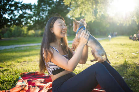 Young asian female and dog summer concept. The girl plays with little dog Yorkshire Terrier in park...