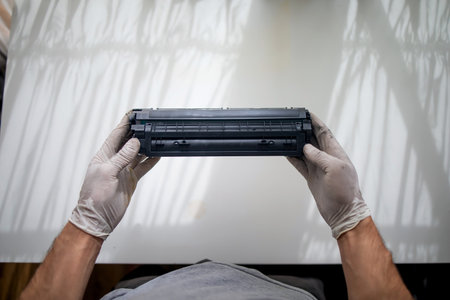 hands repairing laser toner cartridge. Refilling toner in a laser printer cartridge, office equipment maintenance concept.の写真素材