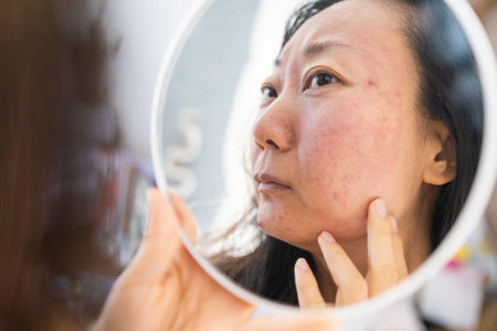 Portrait of ugly teenage girl having problems of acne inflammation on her face. concept of facial care products. closeup photo, blurred.の写真素材
